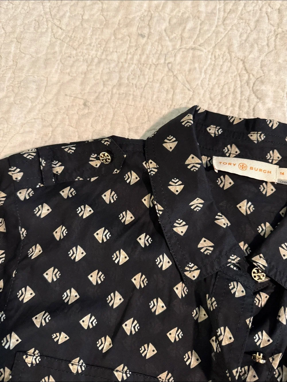 Tory Burch Lightweight Black Button-Down Blouse with Cream Geometric Fish Print